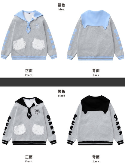 ブルー/ブラックキティ刺繍セーラーカラースウェットシャツ