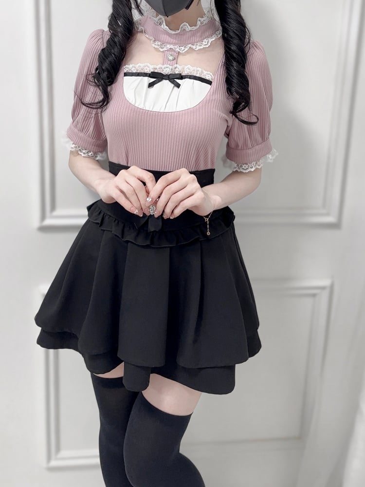 Ärmel Jirai Kei Dusty Bluse Rosa Stehkragen Cutout Vorne Kurz