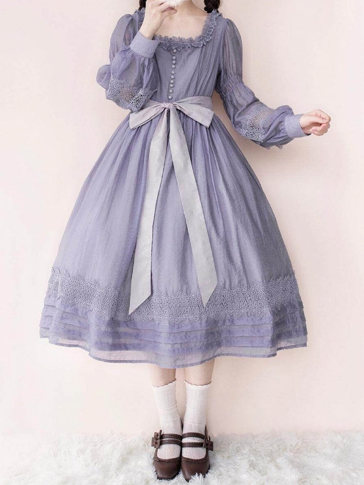 Purple Square Neck Classic Lolita Long Sleeve OP