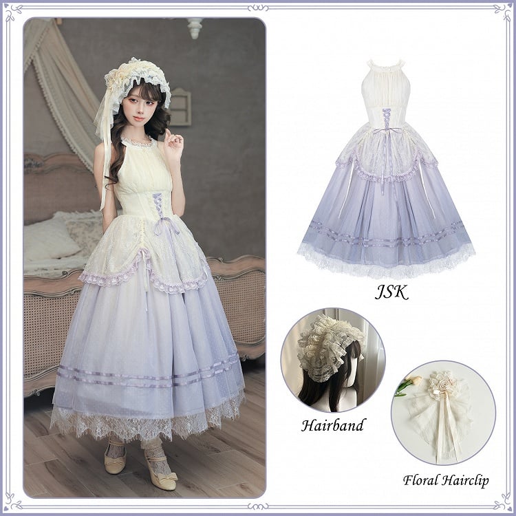 Purple Gradient Lolita Halter JSK Dress with Hairband & Floral Clip