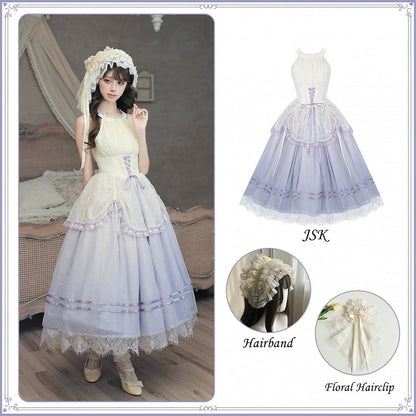 Purple Gradient Lolita Halter JSK Dress with Hairband & Floral Clip
