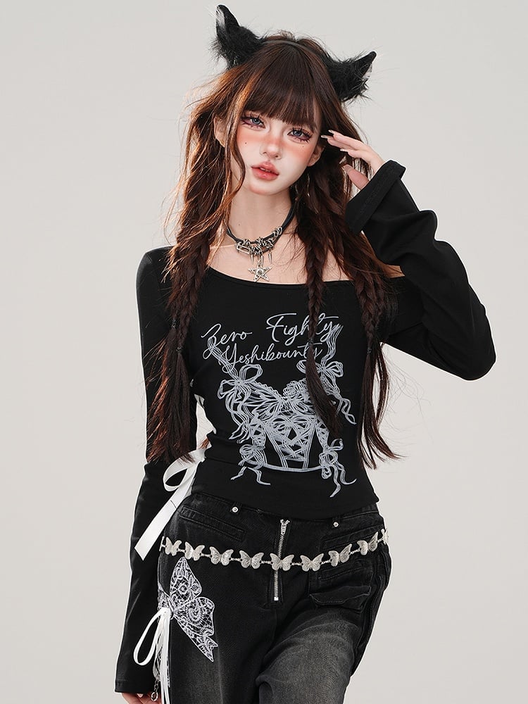 Black Asymmetrical Neckline Graphic Top Lace-up Detail at Waist