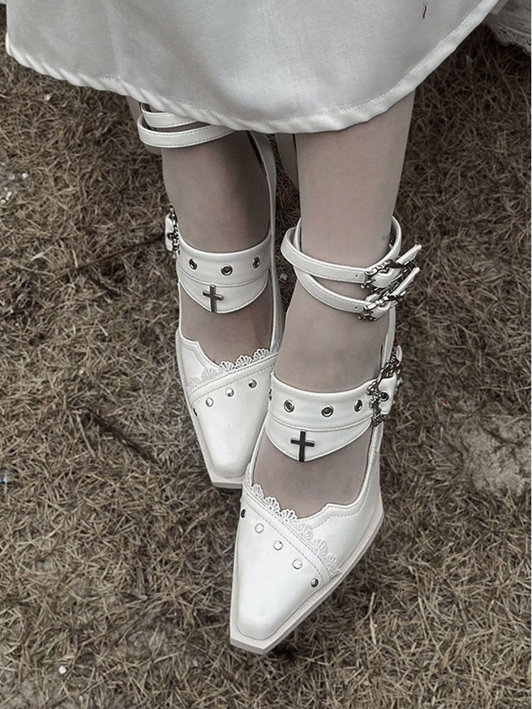 Punk Pointed Toe High Block Heels in White Coffin Buckles and Metal Cross with Gothic 8.5cm