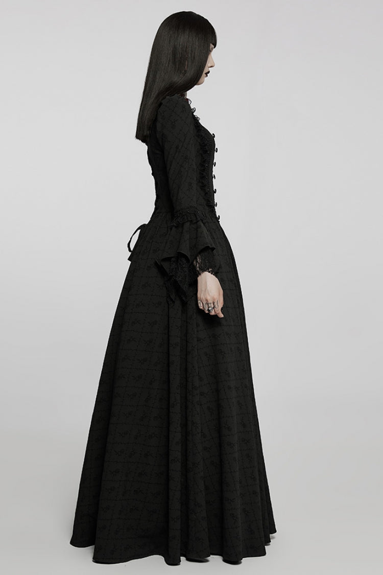 Black Square Neck Long Trumpet Sleeves Rose Print Lace Elegant Gothic Dress