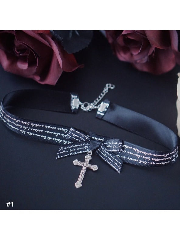 Gothic Black Bow Choker with Cross Pendant - Strange Sugar