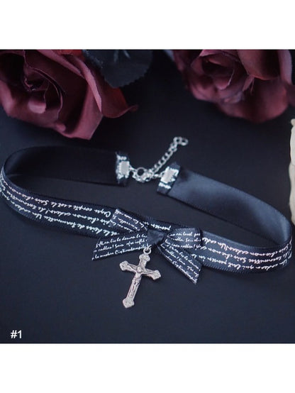 Gothic Black Bow Choker with Cross Pendant - Strange Sugar