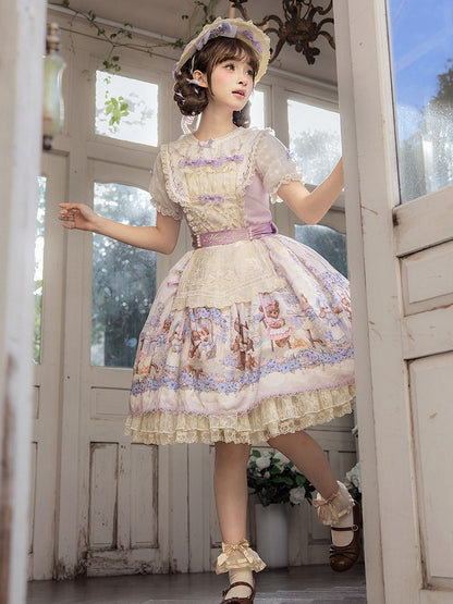 Purple Sweet Lolita Bear Motif Floral JSK Gown with Embroidery & Tulle Layer - Stars Fall on the Foggy Island