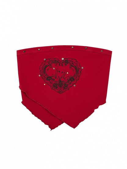 Punk Triangle Crop Y2K Studded Hem Swan Print Neckline Top Red Strapless with Layered