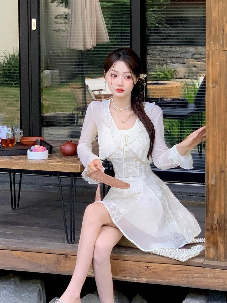 Sheer Apricot Blouse with Ruffled Hem - Qchiwawameme