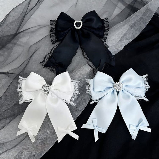 Black/Blue/White Heart Hairclip Lace Trim Rhinestone Bowknot