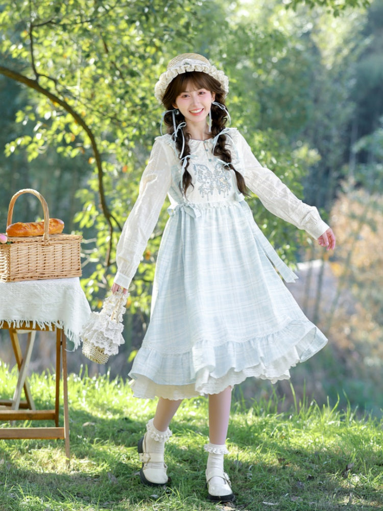 Alice in Wonderland Vibes Blue & White Plaid Butterfly Embroidery Mori Kei Dress
