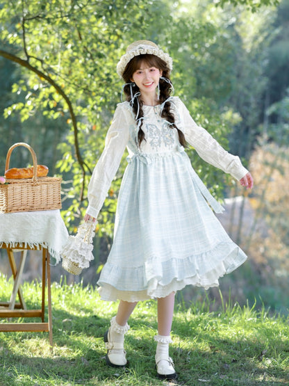 Alice in Wonderland Vibes Blue & White Plaid Butterfly Embroidery Mori Kei Dress