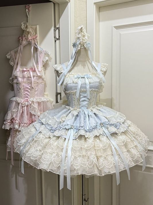 Details Sweet + Skirt Bow Large Princess Lace with Train Blue Dress / Ribbon Only Ballet-Style JSK Multi-Layer