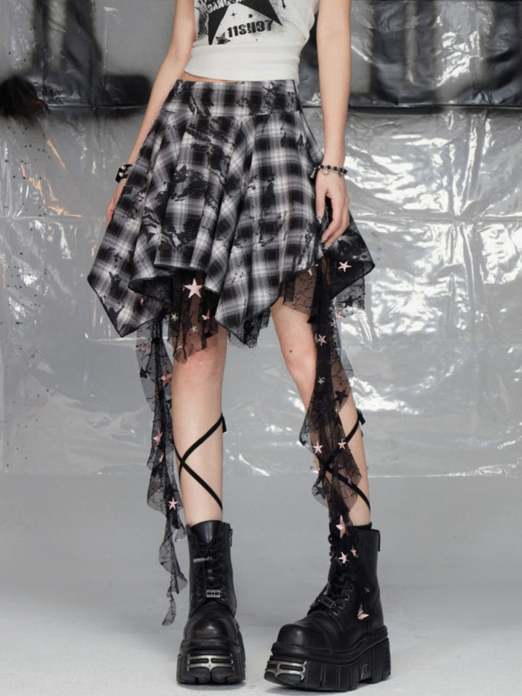 Y2K Mesh Handkerchief Black and White Plaid Hem Glamorous Skirt