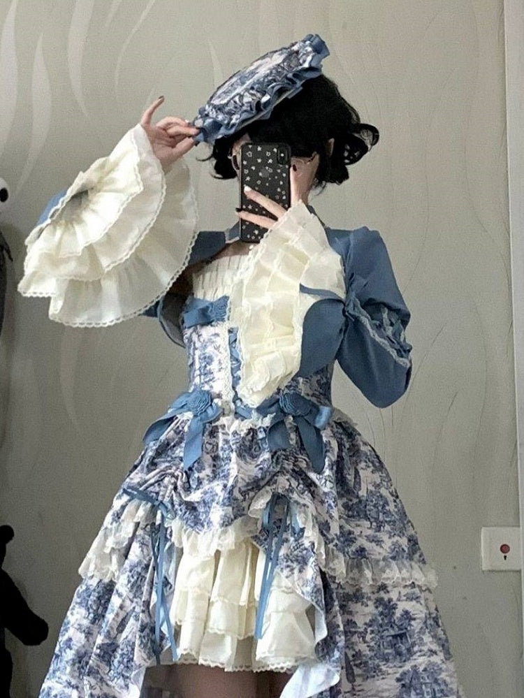 Blue Jouy Hat Toile White Print Lolita Flat de Elegant