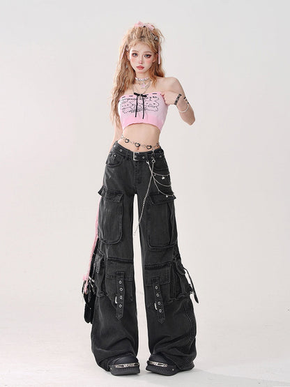 Bow Tie Top Print Bunny Tube Crop Pink - in Gyaru Front with Style