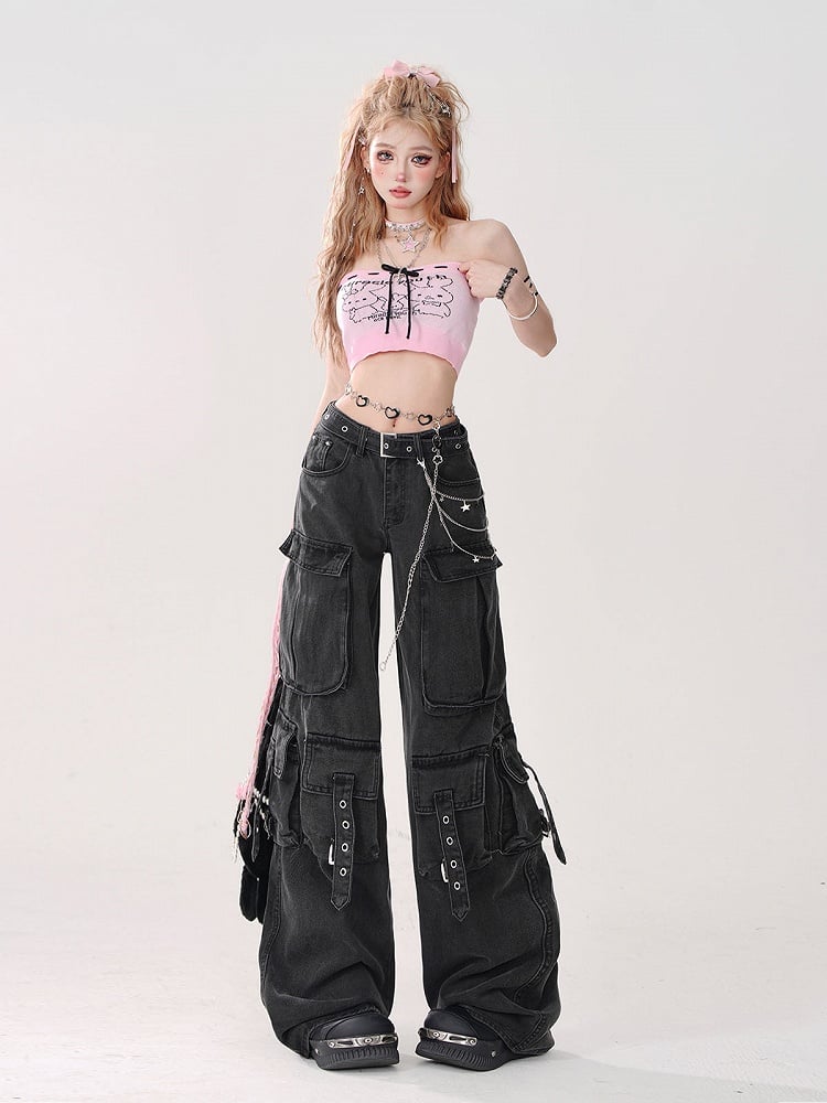 Print Pink Tube Top Gyaru Bow in Tie Bunny Style Front with Crop -