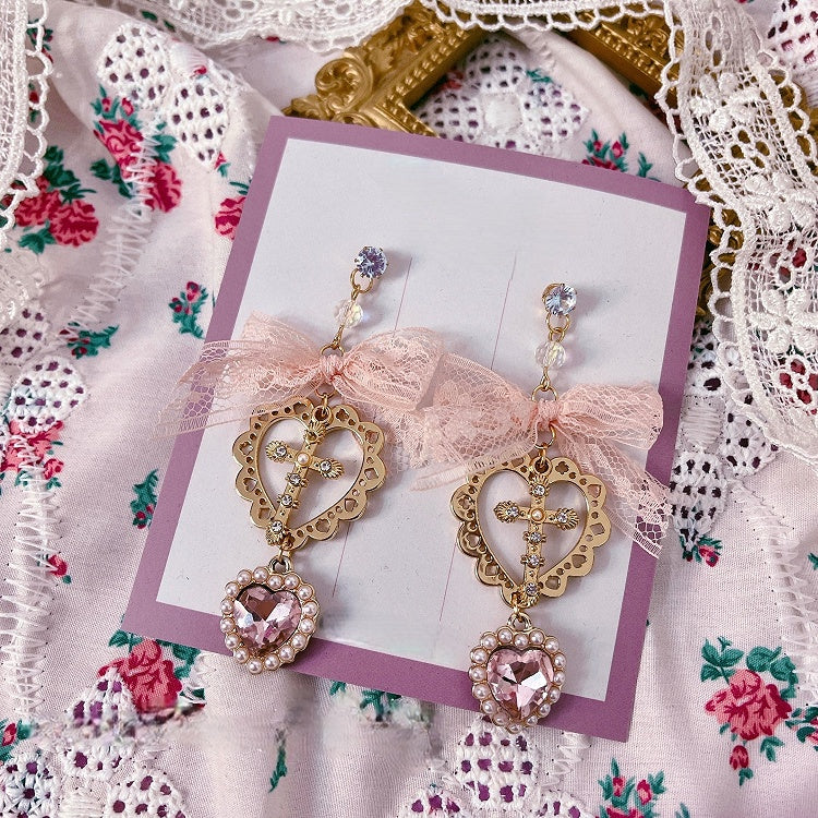 Pendant Heart 2 Bow Studs with Ear Lace Cross Options