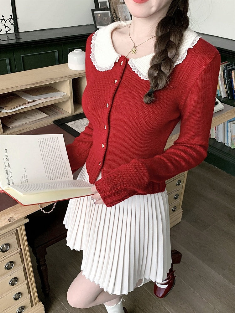 Red Knit Peter Pan Collar Cardigan with Lace - Qchiwawameme
