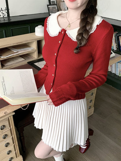 Red Knit Peter Pan Collar Cardigan with Lace - Qchiwawameme