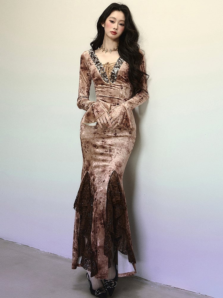 Kaffee Pailletten V-Ausschnitt Hohe Taille Spitze Patchwork Volant Meerjungfrau Rock Samtkleid Abendkleid