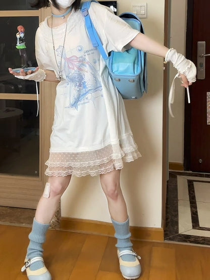 T-Shirt Free Blue with Dress Gloves Style Fingerless Trim Light Landmine Lace Print Cartoon