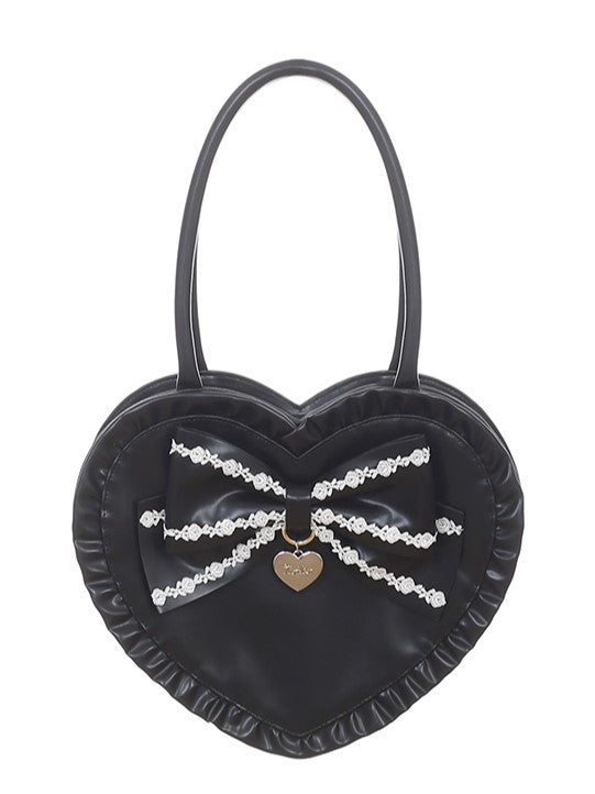 Christmas Red/Black 3-Way Heart-Shaped Handbag with Big Bow & Heart Charm