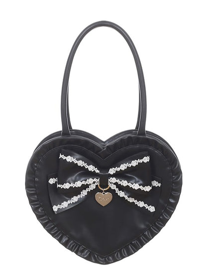 Christmas Red/Black 3-Way Heart-Shaped Handbag with Big Bow & Heart Charm