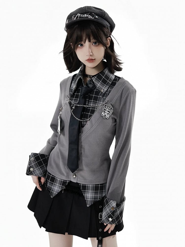 Academic Edgy Shirt Vibes Plaid Two-Piece Effortless Faux Gray –