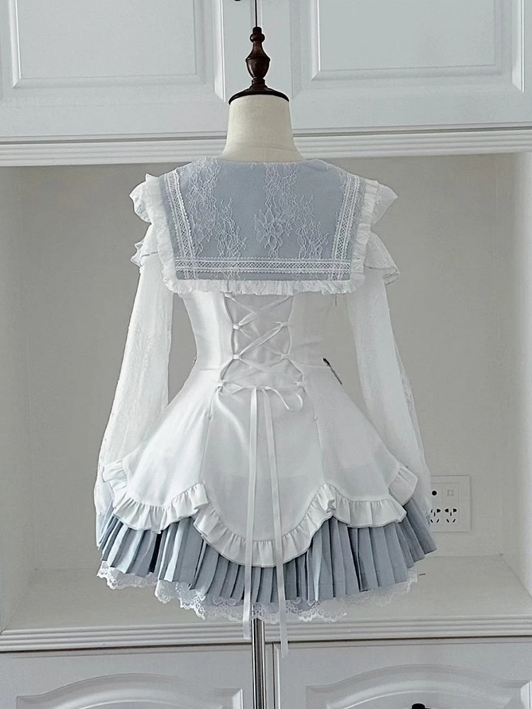 Landmine Style Two-Piece Set in Blue and White with Sailor Collar Cutout Shoulder Pleated Dress and Shorts - Broken Bear