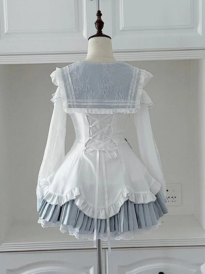 Landmine Style Two-Piece Set in Blue and White with Sailor Collar Cutout Shoulder Pleated Dress and Shorts - Broken Bear