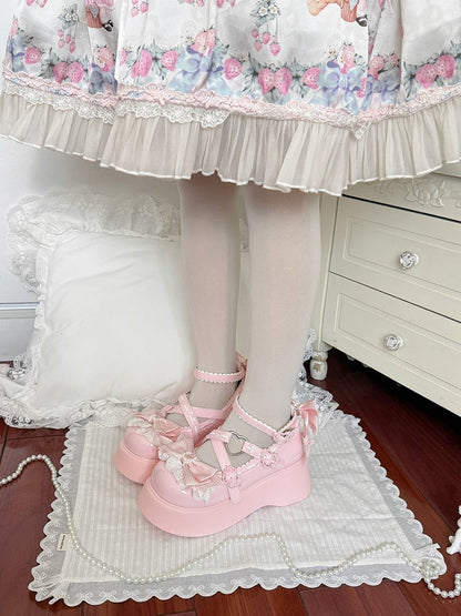 Sweet Lolita Pink Shoes Sweet Mary Jane Platform Shoes with Heart & Bowknot Details