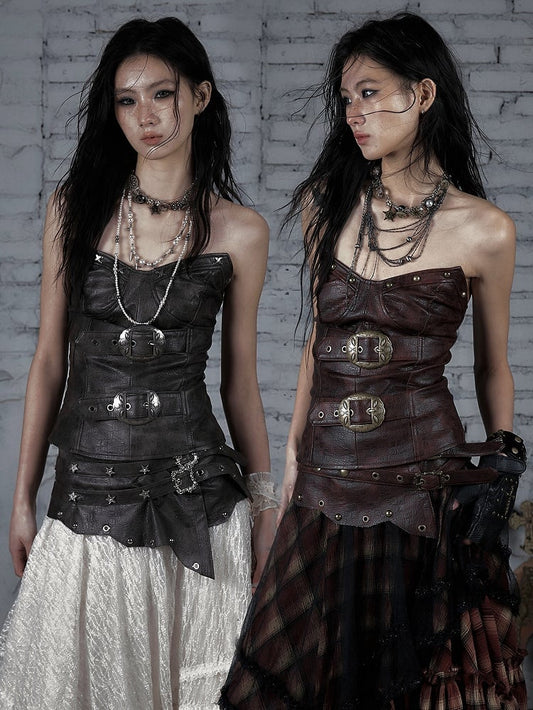 ビスチェバックル装飾パンクトップレッド/ブラウンウェイストランドPU