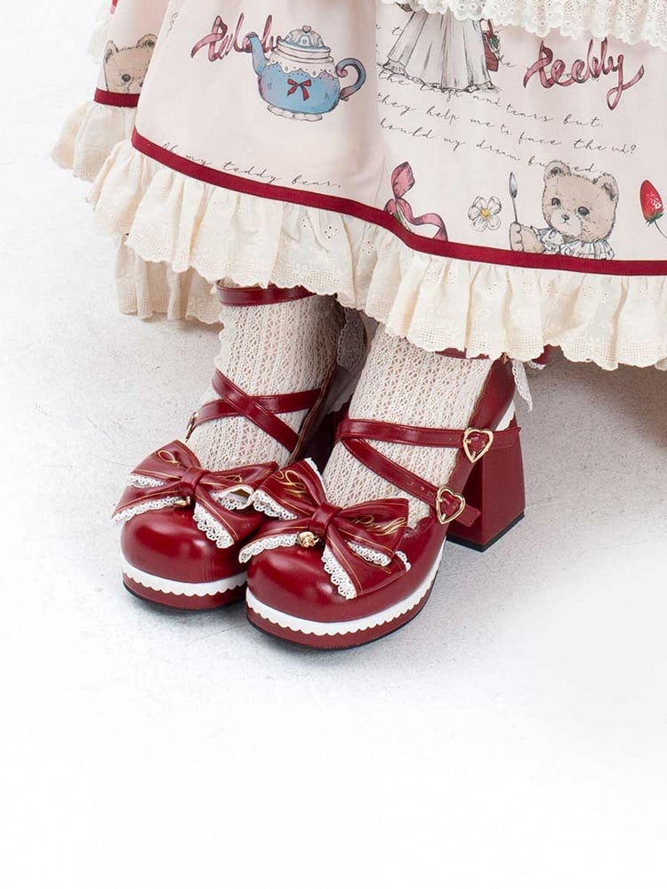 at Crisscross Design Red Block High Detachable Heels Heart Top Bow Buckles