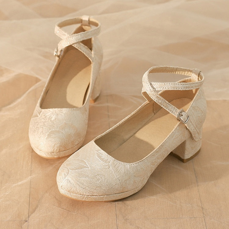 Qi Lolita Mid-Heel Crisscross Floral Beige Mart Design Pattern Janes - Satin