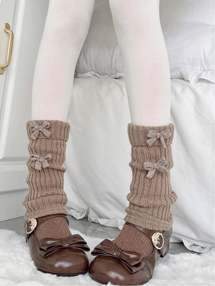 Brown Ribbed Leg Warmers with Bow Accents