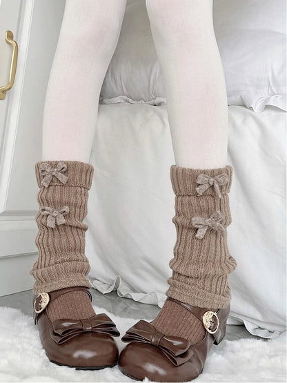 Brown Ribbed Leg Warmers with Bow Accents