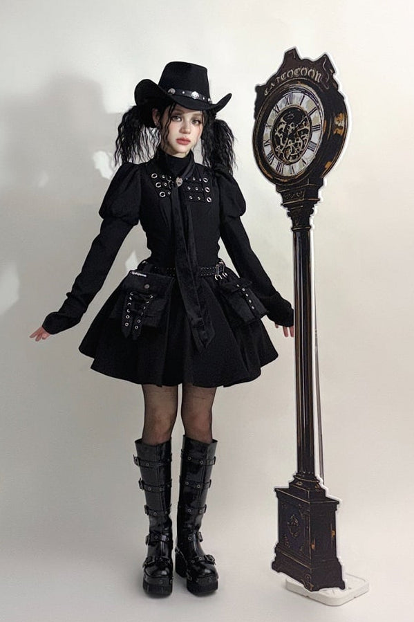 Steampunk Brown x Gothic Black Mode Buckle High Collar Puff Sleeve Doll Dress
