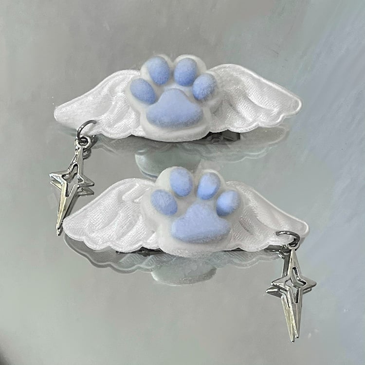 Blue Plush Cat Paw Wing Hairclips