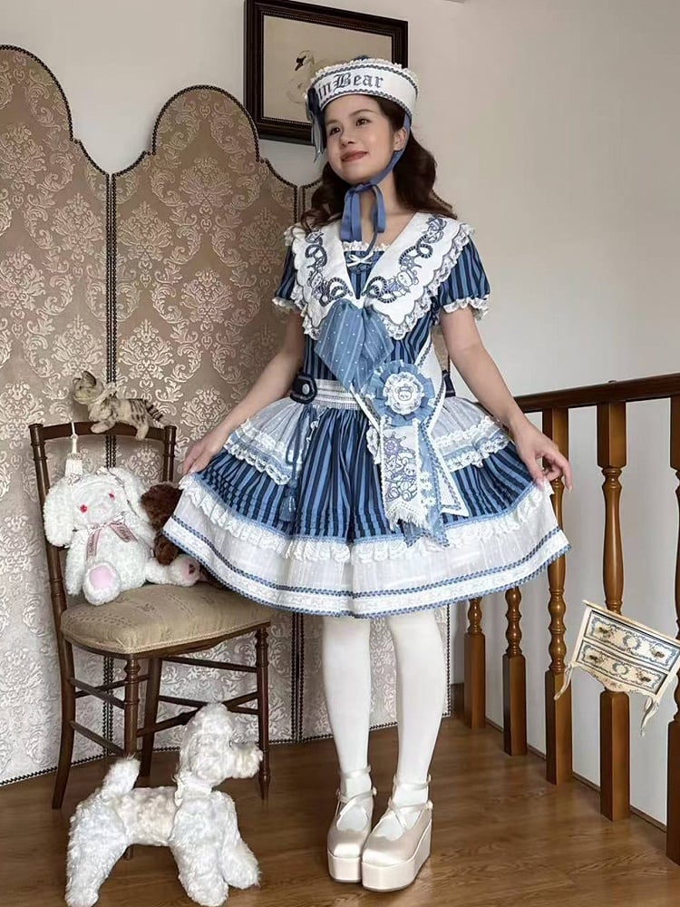 Striped Low Waist Sailor Dress with Blue Embroidery - Twin Bear Original Design