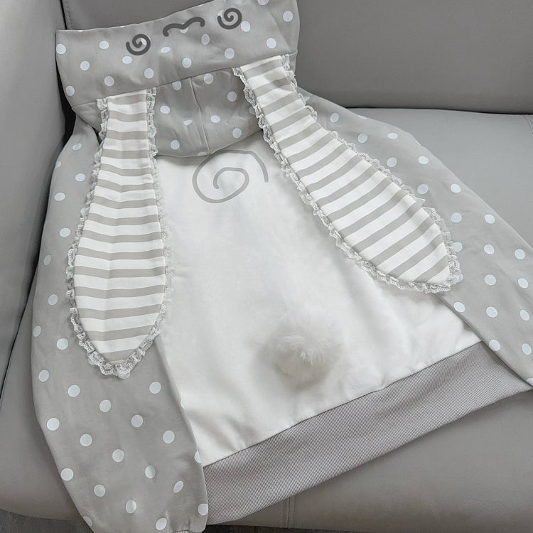 with Bunny / Dot Pink Gray Big Polka Ears Hoodie Striped