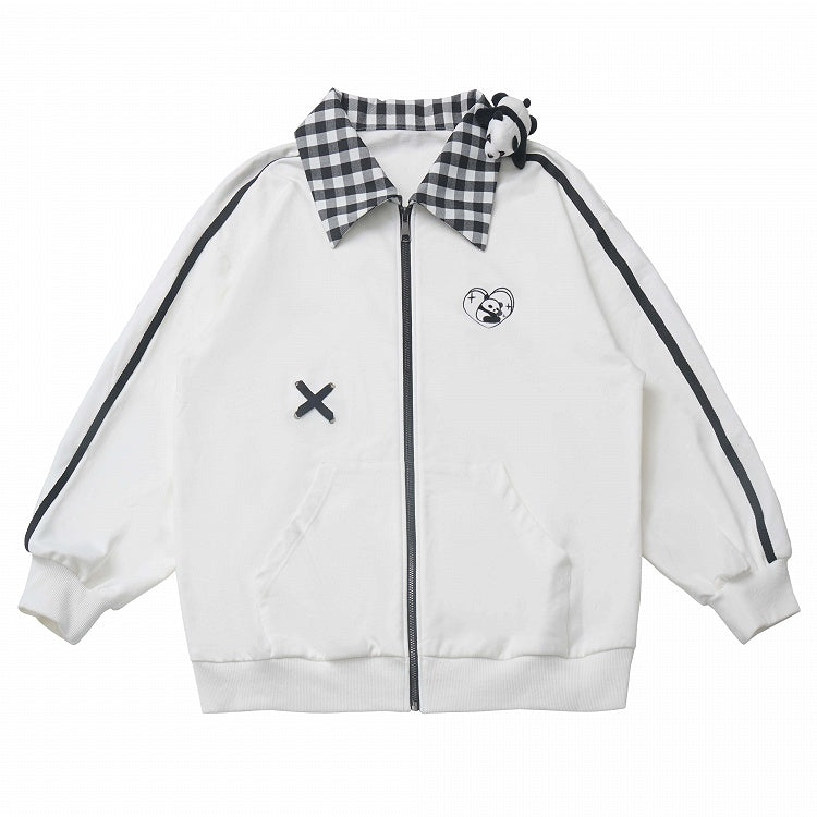 White/Black Heart Panda Embroidered Plaid Pattern Collar Jacket With A Panda Plushie