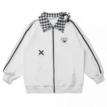 White/Black Heart Panda Embroidered Plaid Pattern Collar Jacket With A Panda Plushie