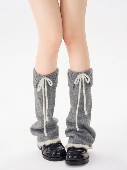 Warmers Detail Leg Bow Fuzzy Knit with 4-Color Contrast Cuff