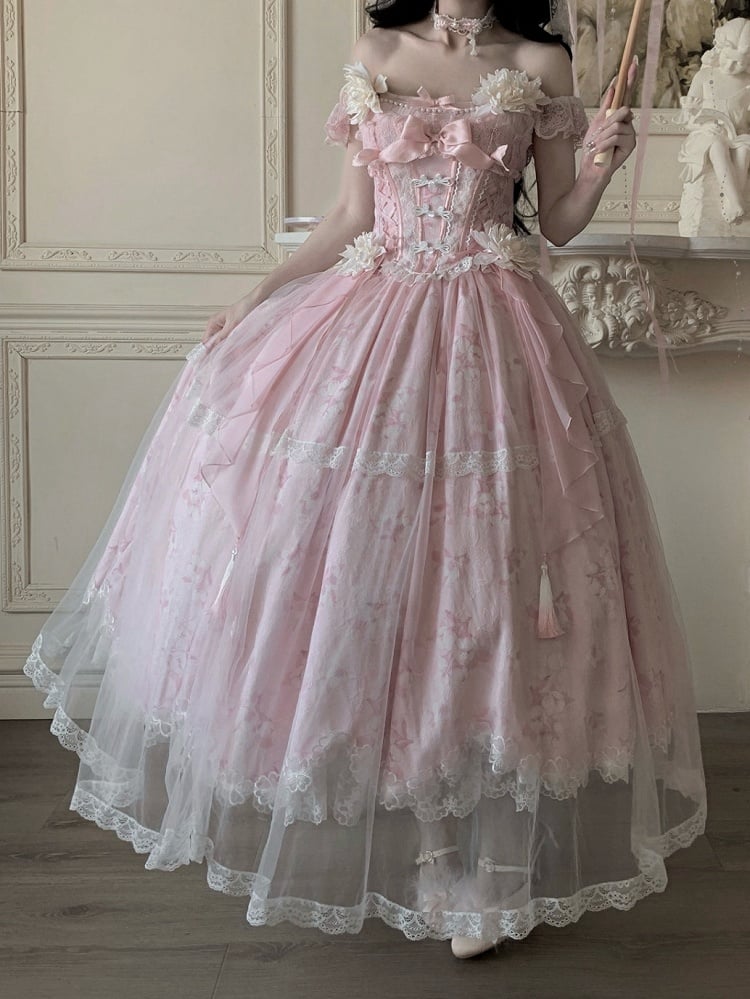 with Long Version Pink Jasmine-Embellished Buttons Top + Print Lolita Skirt Corset Frog Floral