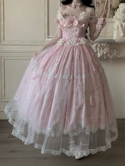 with Long Version Pink Jasmine-Embellished Buttons Top + Print Lolita Skirt Corset Frog Floral
