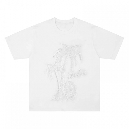 T-shirt Coconut Tree Print White Round Neck Tonal