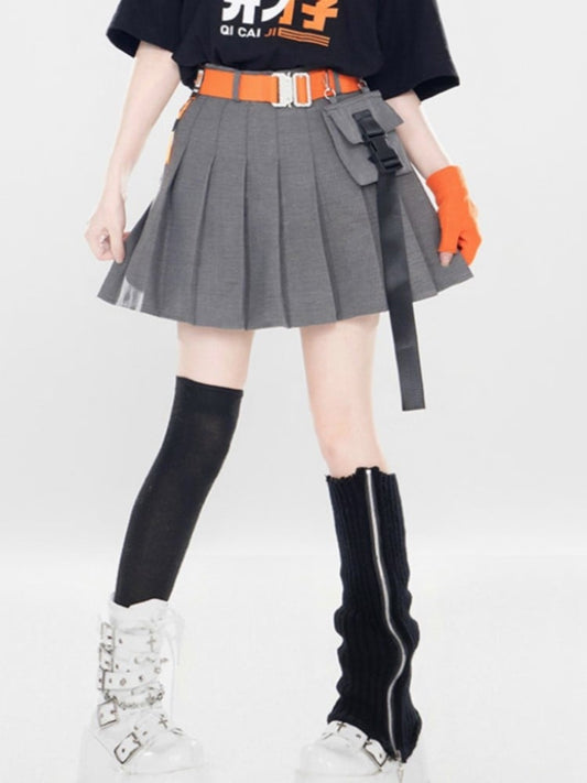 Gray Pleated Skirt With Orange Belt