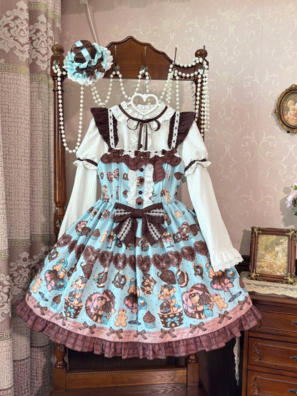 Lolita Dress Sleeves Vintage Teddy Bear Print Sweet  Flutter Mint Green JSK