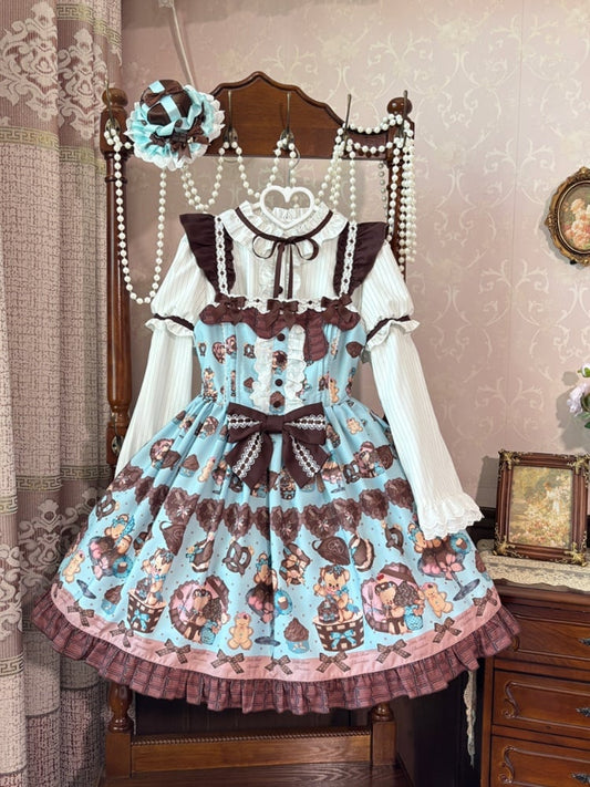 ロリータドレス 袖あり ヴィンテージ テディベア プリント スイート フラッター ミントグリーン JSK